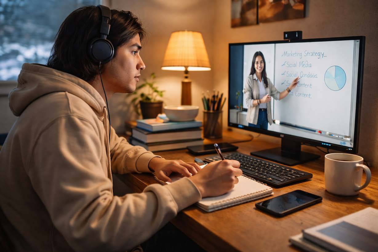 A student taking part in an online class from home